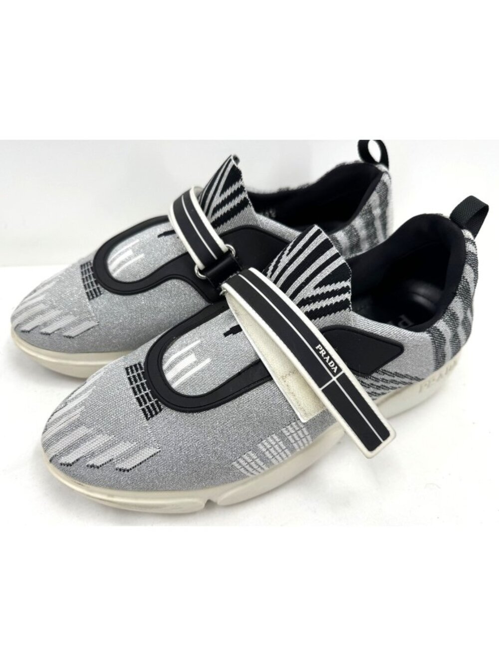 Prada Cloudbust Silver Metallic and Black Knit Sneakers Shoes Women's Sz 38.5